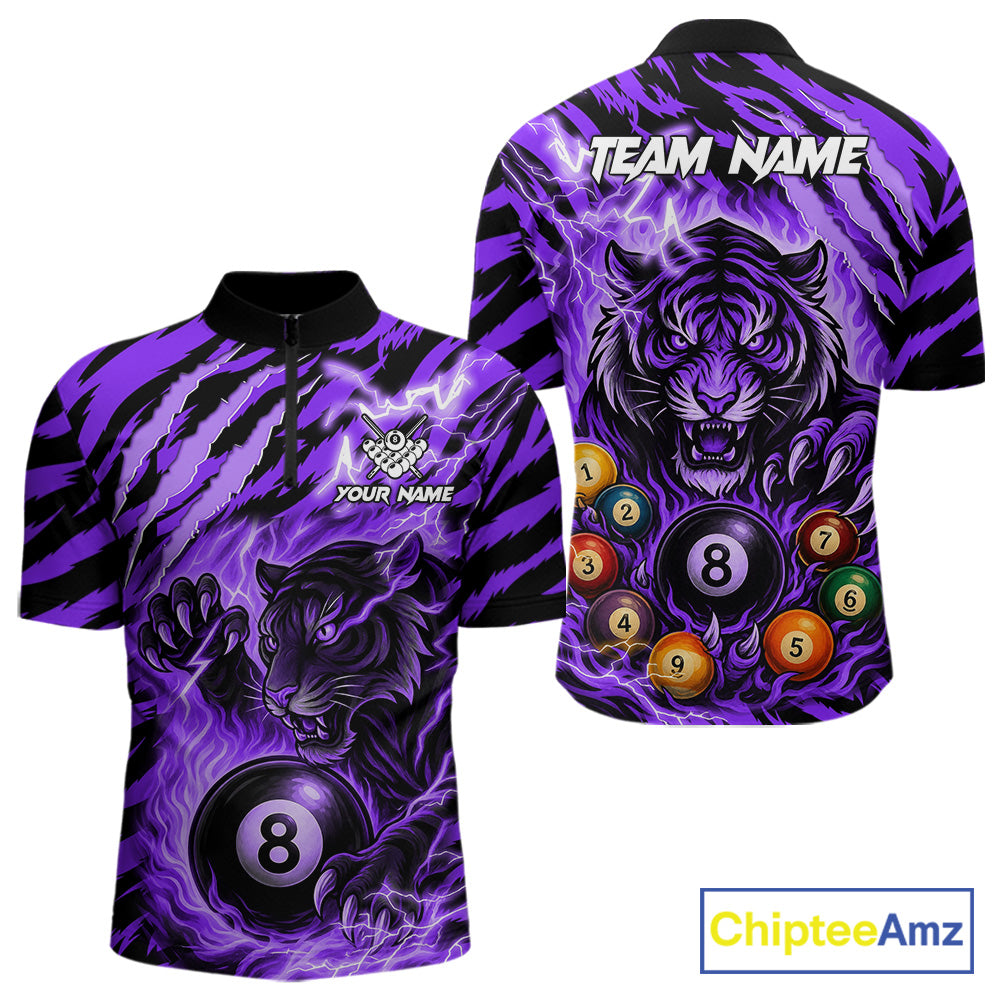 Purple flaming tiger 8 ball quarter zip billiard shirt for men, custom pool team jersey and tournament apparel.