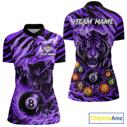 Purple flaming tiger 8 ball quarter zip billiard shirt for women, custom pool team jersey and tournament apparel.
