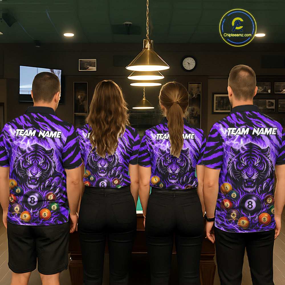 Back view of pool players wearing matching purple flaming tiger 8 ball billiard team shirts and custom pool jerseys.