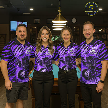 Pool team wearing matching purple flaming tiger 8 ball custom billiard jerseys during tournament competition front view.