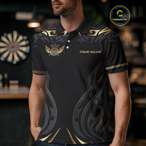 Black And Gold Dartboard Crown Wings Custom Darts Shirt For Men, Darts Team Jerseys Polo & 1/4 Zip TDM4420