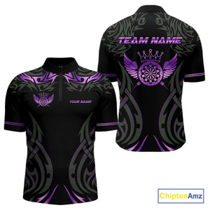 Black And Purple Dartboard Crown Wings Custom Darts Shirt For Men, Dart Team Jersey Polo & 1/4 Zip TDM4422