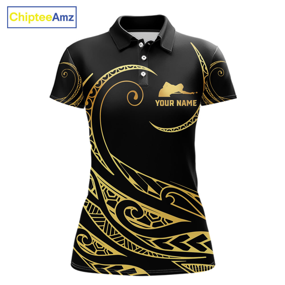 Custom Black and Gold 9 Ball Tribal Pattern Polo Shirt Designed for Personalized Billiard Team Jerseys with Elegant Graphics and Athletic Performance Style
