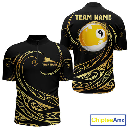 Personalized Black and Gold 9 Ball Tribal Pattern Quarter Zip Billiard Shirt Created for Pool League Teams with Performance Fabric and Custom Tournament Design