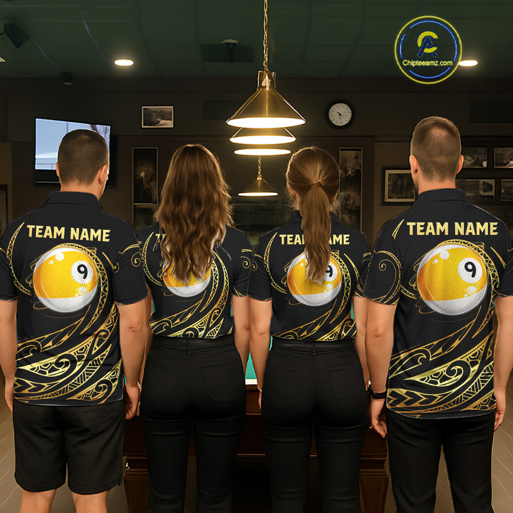 Pool Team Wearing Personalized Black and Gold 9 Ball Tribal Pattern Custom Billiard Team Jerseys Featuring the Complete Back Artwork, Back View