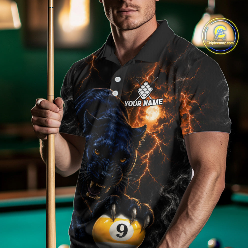 Man Wearing Personalized 9 Ball Pool Panther Lightning Billiard Polo Shirt with Athletic Performance Fit and Bold Panther Graphic Artwork, Front View