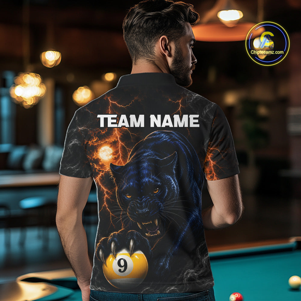 Man Wearing Personalized 9 Ball Pool Panther Lightning Custom Billiard League Team Jersey Featuring the Complete Rear Panther and Lightning Design, Back View