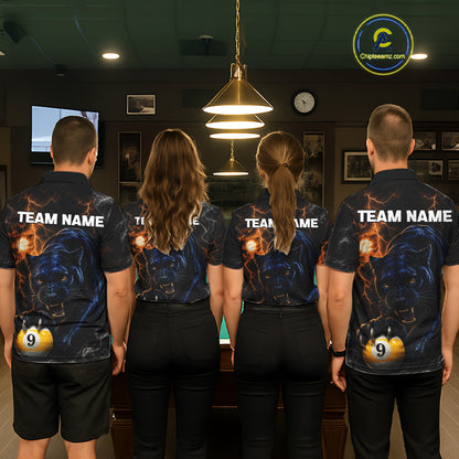 Pool Team Wearing Personalized 9 Ball Pool Panther Lightning Custom Billiard Team Jerseys Featuring the Complete Back Artwork, Back View