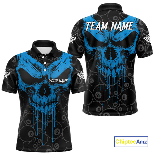 Personalized Skull 8 Ball Billiard Shirt For Men Custom Pool Team Jersey Polo & 1/4 Zip |Blue TDM5071