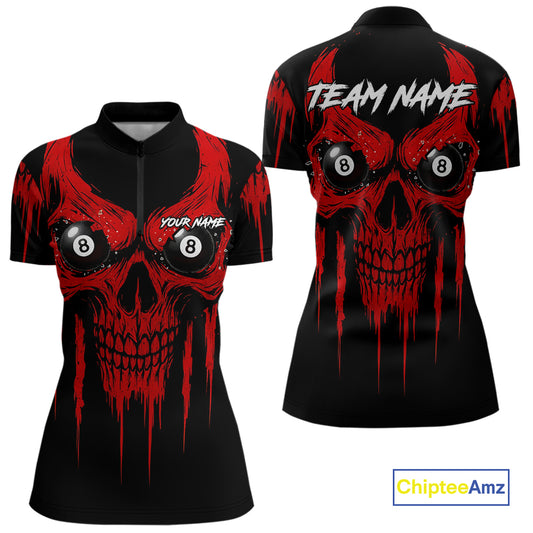 Red Grunge Skull Billiard Jersey For Women Custom 8 Ball Pool Billiard Shirt Team Polo & 1/4 Zip TDM5072