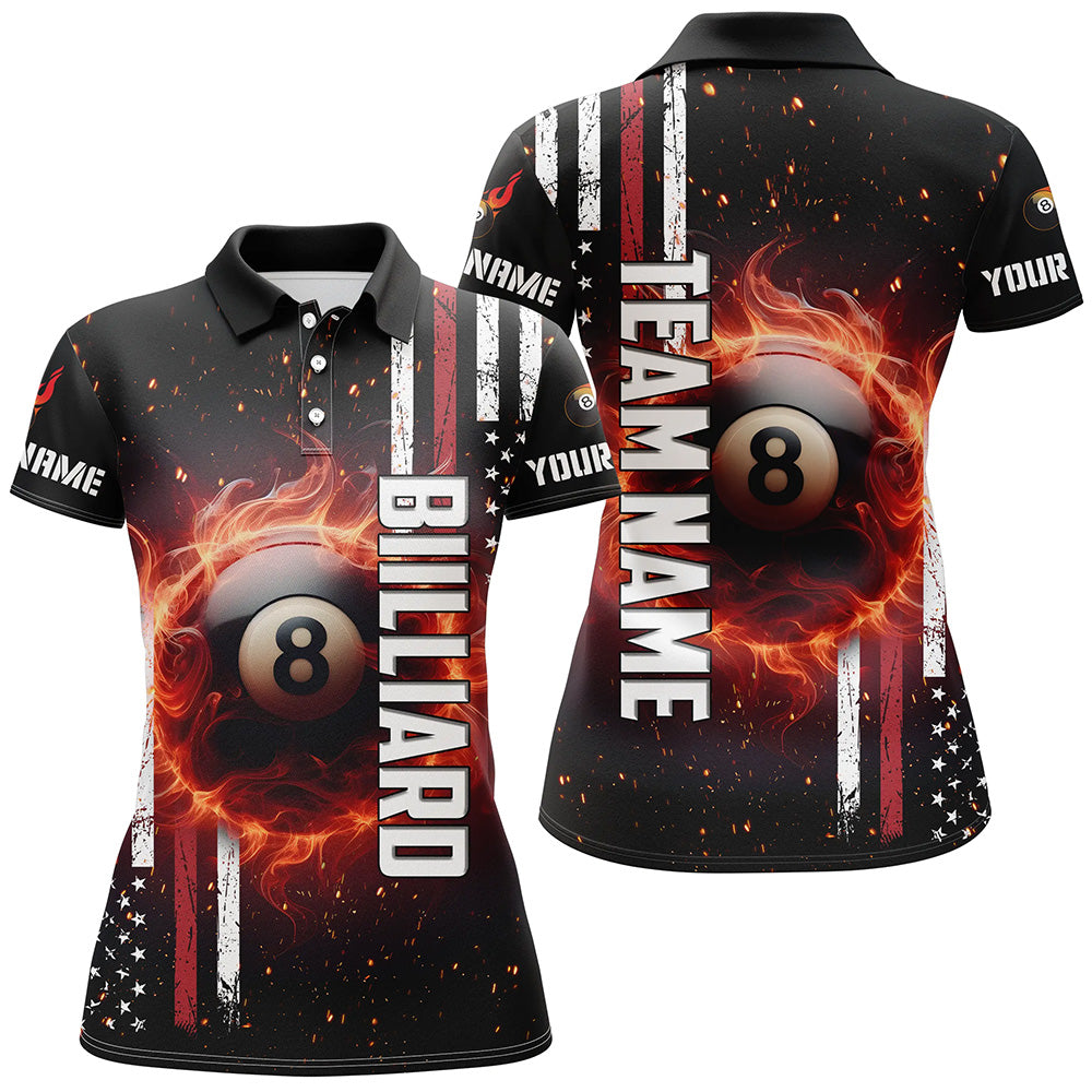 Personalized Flaming 8 Ball Pool Custom Patriotic Billiard Women Polo Shirts, Pool League Jerseys TDM0618