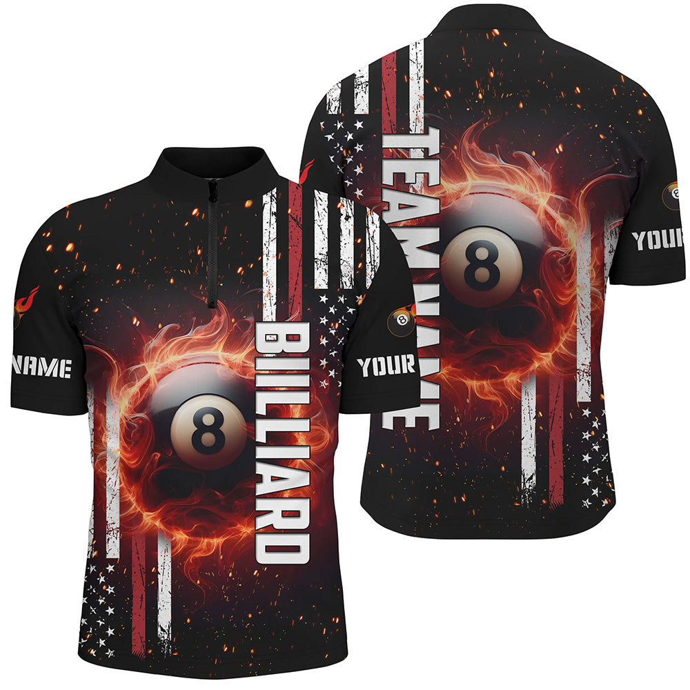 Personalized Flaming 8 Ball Pool Custom Patriotic Billiard Quarter-Zip Shirts For Men TDM0618