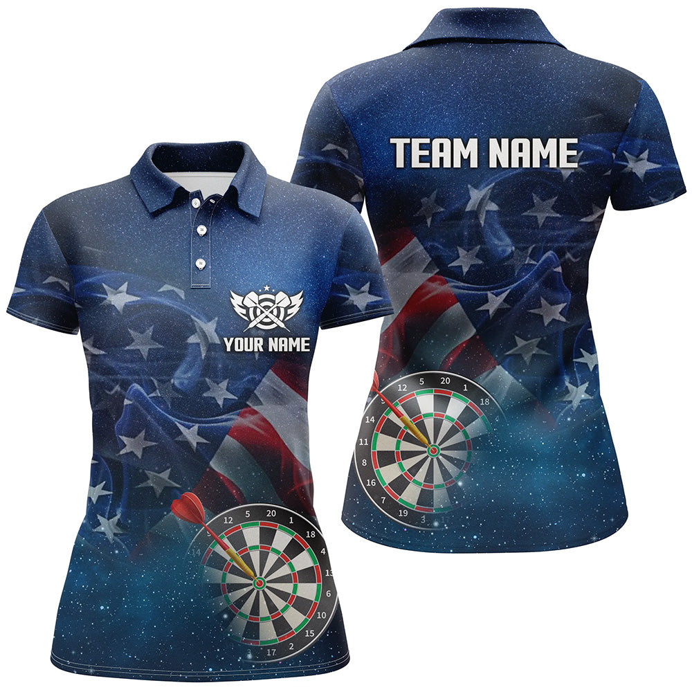 American Flag Universe Patriotic Custom Women Dart Polo Shirts, Personalized Darts Gift For Player TDM1306
