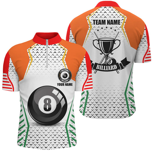Custom Orange & Green Billiard Jerseys Men Quarter-Zip Shirt, 8 Ball Pool Billiard Uniform TDM1310