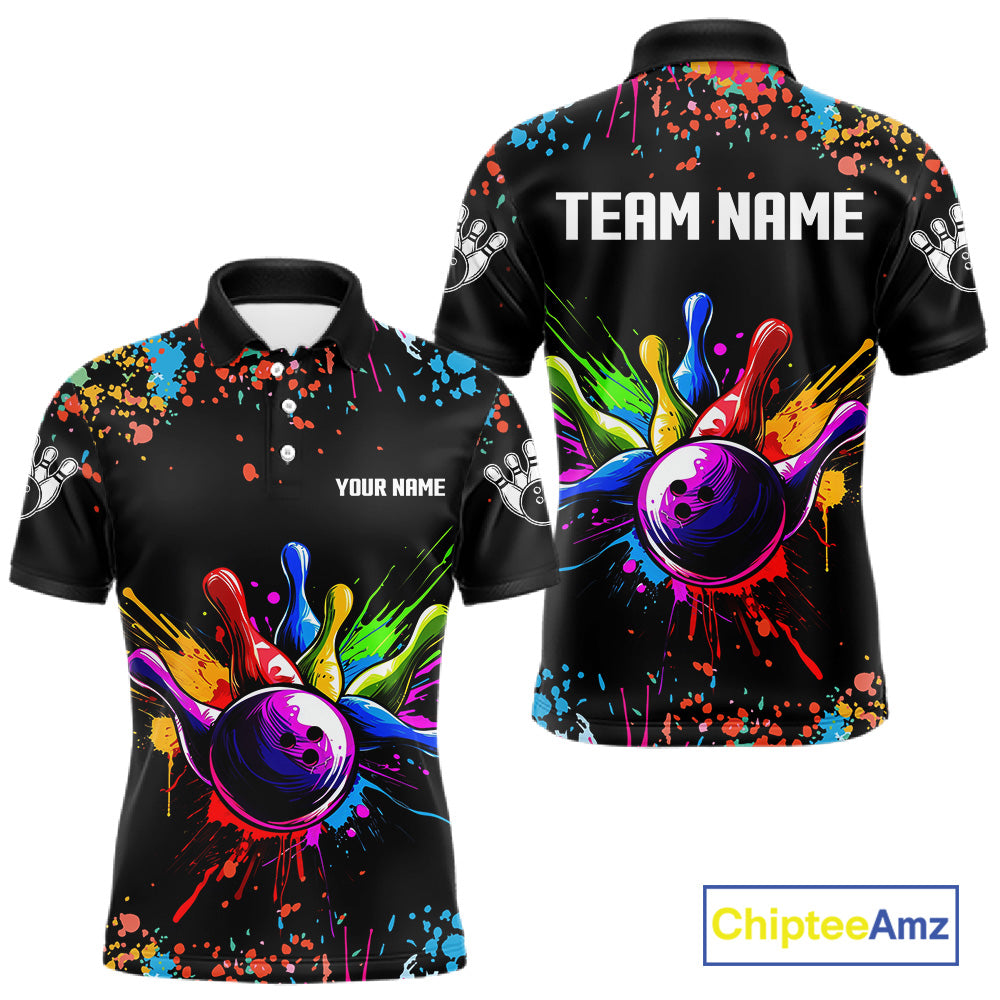 Colorful bowling shirt with splashes and a bowling ball design, customizable text on a blackground.