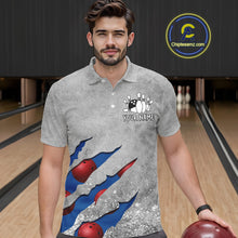 Load image into Gallery viewer, Man wearing a blue grunge scratch bowling polo shirt front view, custom bowling league jersey for men.