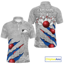 Load image into Gallery viewer, Blue grunge scratch custom bowling polo shirt for men, personalized bowling team jersey for league tournaments.