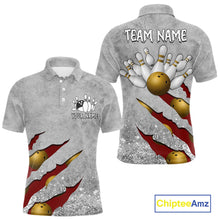 Load image into Gallery viewer, Red grunge scratch custom bowling polo shirt for men, personalized bowling team jersey for league tournaments.