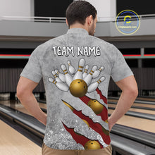 Load image into Gallery viewer, Back view of man wearing a red grunge scratch quarter zip bowling shirt, bowling league team uniform.