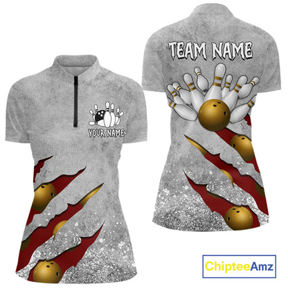 Red grunge scratch quarter zip bowling shirt for women, custom bowling team jersey and tournament apparel.