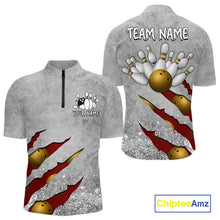 Load image into Gallery viewer, Red grunge scratch quarter zip bowling shirt for men, custom bowling team jersey and tournament apparel.