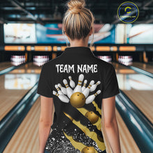 Load image into Gallery viewer, Back view of woman wearing a yellow black grunge scratch bowling polo shirt, custom bowling team jersey design.