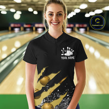 Load image into Gallery viewer, Woman wearing a yellow black grunge scratch quarter zip bowling shirt front view, personalized bowling team apparel.