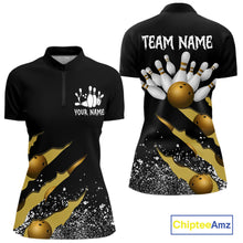 Load image into Gallery viewer, Yellow black grunge scratch quarter zip bowling shirt for women, custom bowling team jersey and tournament apparel.
