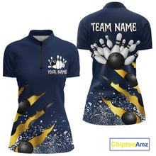 Load image into Gallery viewer, Navy blue and gold grunge scratch quarter zip bowling shirt for women, custom bowling team jersey and tournament apparel.