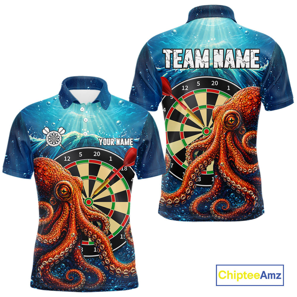 Custom Blue Funny Ocean Octopus Darts Polo Shirt Designed for Personalized Darts Team Jerseys with Premium Athletic Performance and Creative Ocean Artwork