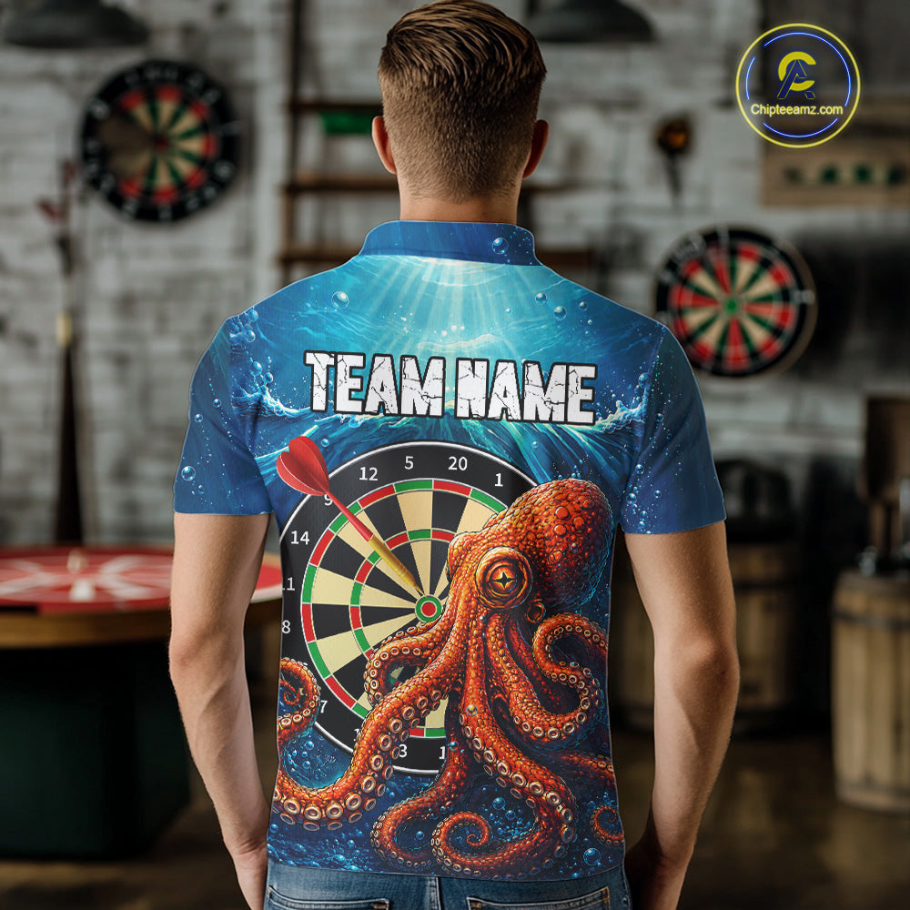 Man Wearing Personalized Blue Funny Ocean Octopus Custom Darts Team Jersey Featuring the Complete Rear Graphic Design, Back View