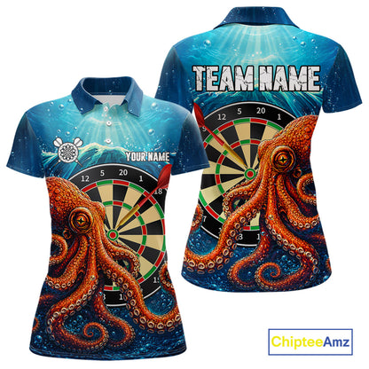 Custom Blue Funny Ocean Octopus Darts Polo Shirt Designed for Personalized Darts Team Jerseys with Creative Ocean Artwork, Premium Athletic Performance, and League Ready Style