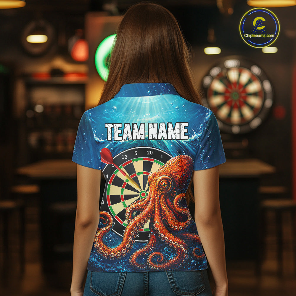Woman Wearing Personalized Blue Funny Ocean Octopus Custom Darts Team Jersey Featuring the Complete Rear Graphic Design and Personalized Details, Back View