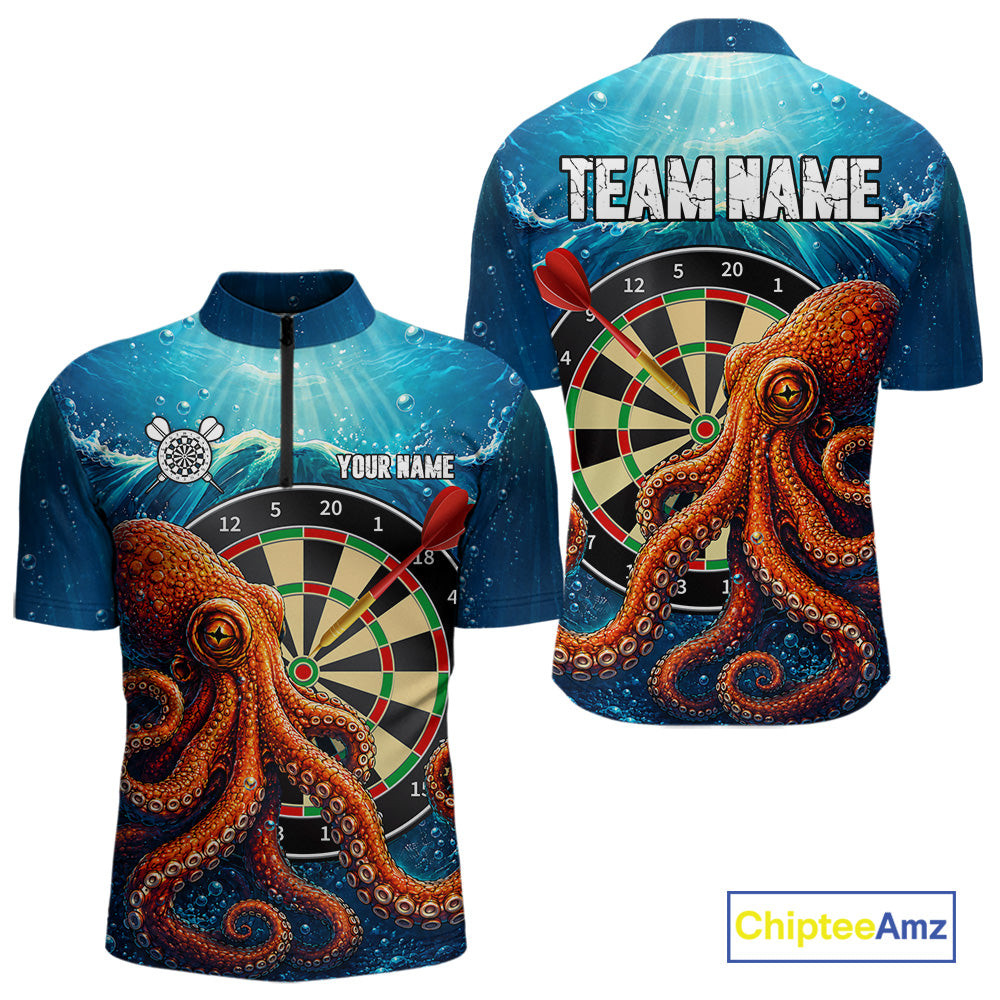 Personalized Blue Funny Ocean Octopus Quarter Zip Darts Shirt Created for Dart League Teams with Performance Fabric and Custom Tournament Ready Design