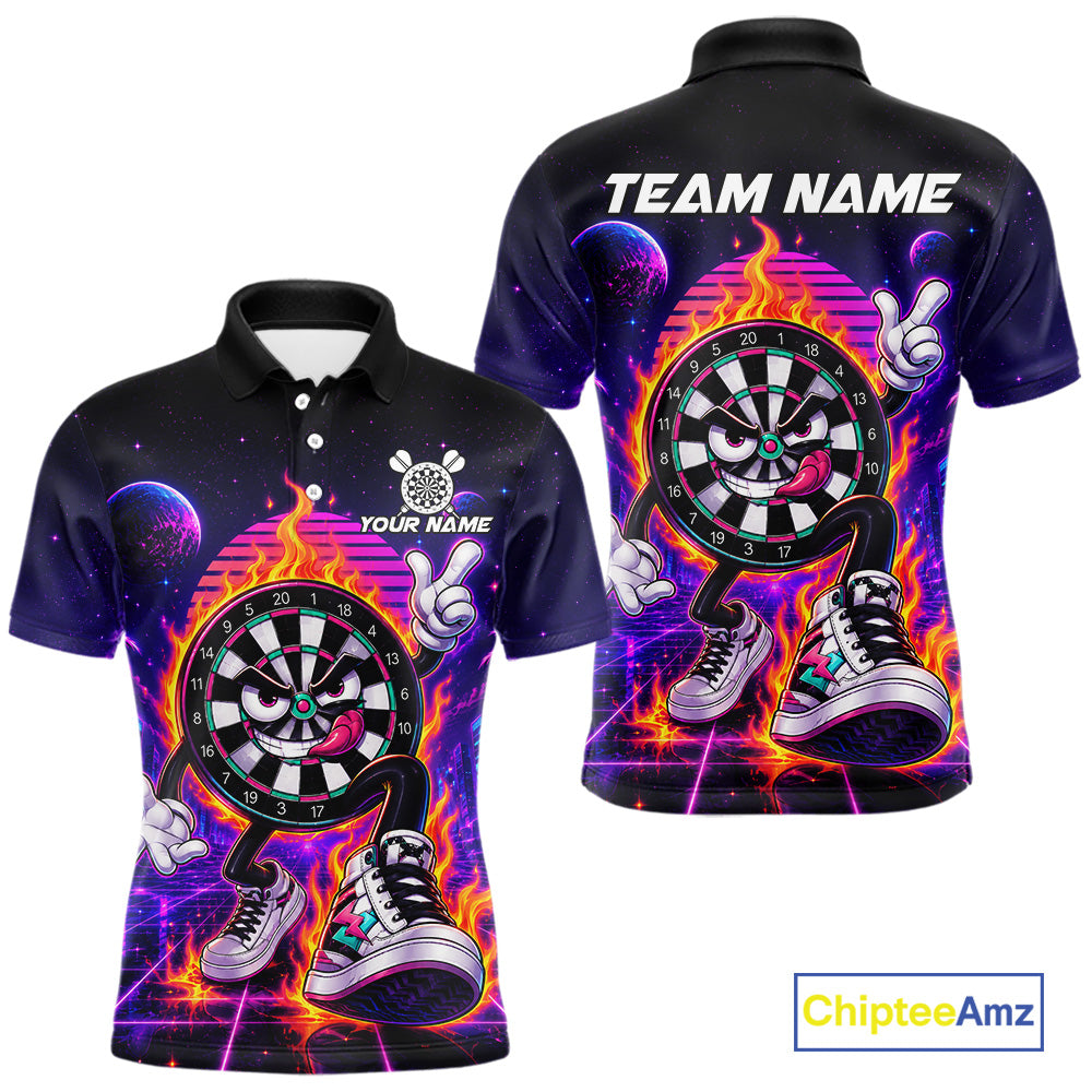 Custom Funny Flame Dartboard Neon Darts Polo Shirt Designed for Personalized Darts Team Jerseys with Vibrant Neon Artwork and Athletic Performance Style