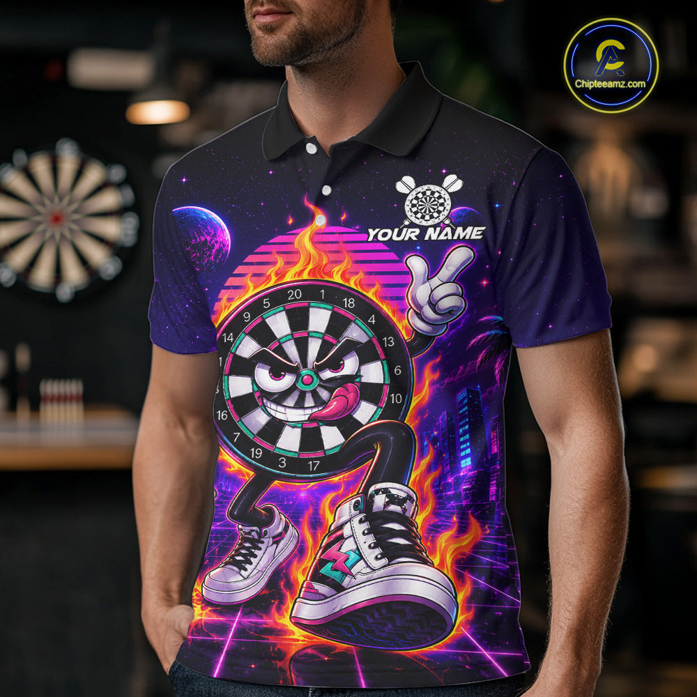 Man Wearing Personalized Funny Flame Dartboard Neon Darts Polo Shirt with Athletic Performance Fit and Bright Neon Graphic Artwork, Front View