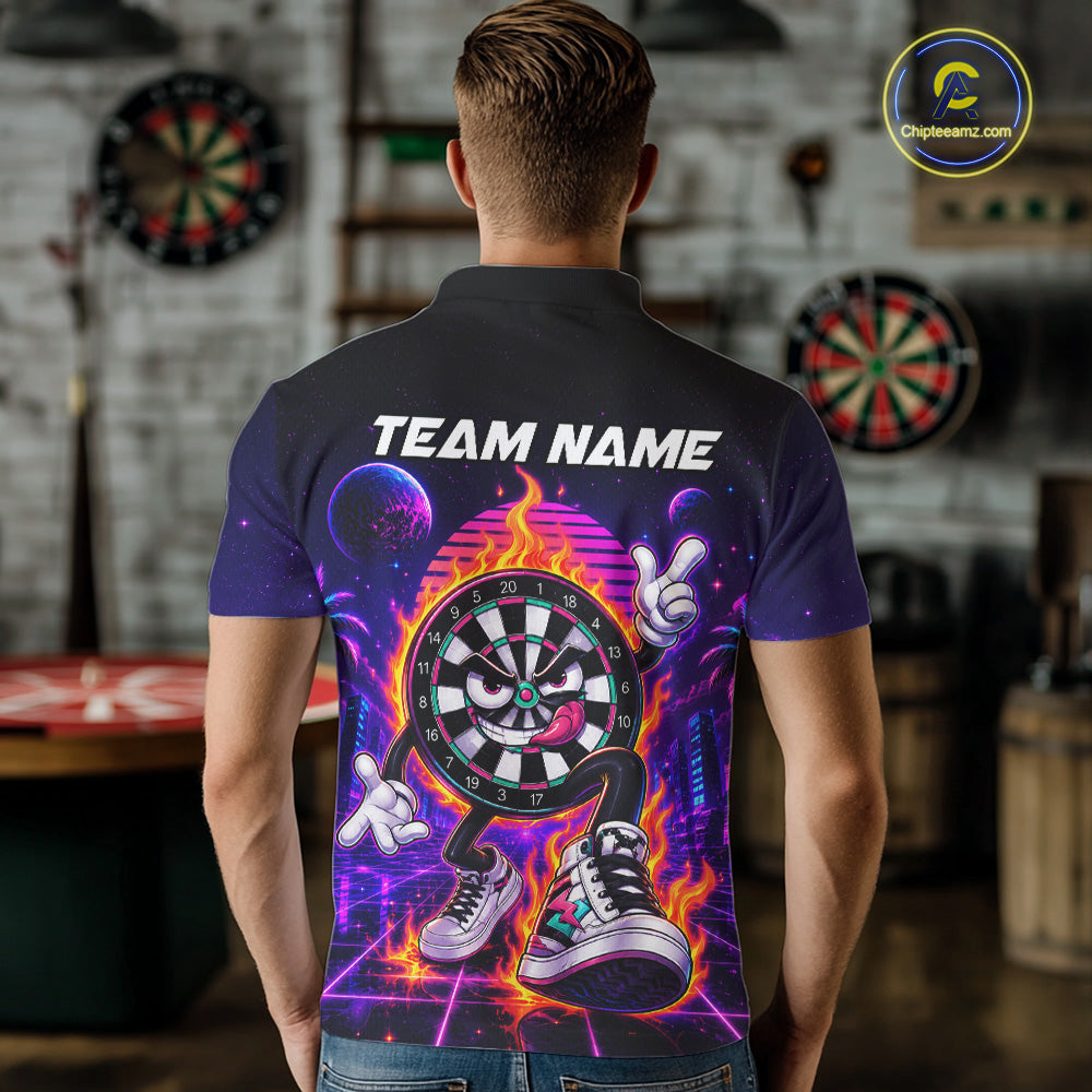 Man Wearing Personalized Funny Flame Dartboard Neon Custom Darts Team Jersey Featuring the Complete Rear Graphic Design, Back View