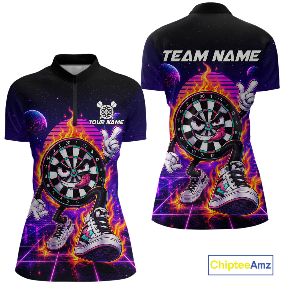 Personalized Funny Flame Dartboard Neon Quarter Zip Darts Shirt Created for Competitive Dart League Teams with Performance Fabric and Tournament Ready Jersey Design
