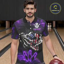 Load image into Gallery viewer, Purple Flaming American Flag Skull Bowling Shirt For Men Custom Fire Bowling Team Jersey TDM4657