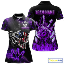 Load image into Gallery viewer, Purple Flaming American Flag Skull Bowling Shirt For Women Custom Fire Bowling Team Jersey TDM4657