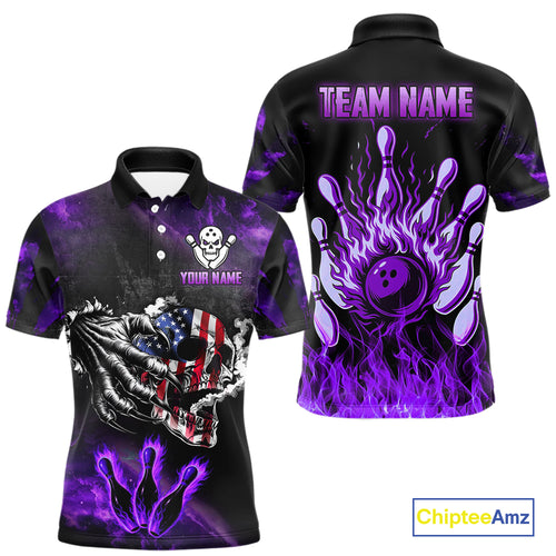 Purple Flaming American Flag Skull Bowling Shirt For Men Custom Fire Bowling Team Jersey TDM4657
