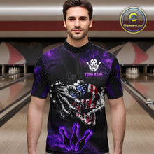 Load image into Gallery viewer, Purple Flaming American Flag Skull Bowling Shirt For Men Custom Fire Bowling Team Jersey TDM4657