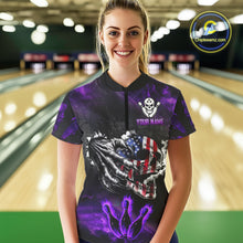 Load image into Gallery viewer, Purple Flaming American Flag Skull Bowling Shirt For Women Custom Fire Bowling Team Jersey TDM4657
