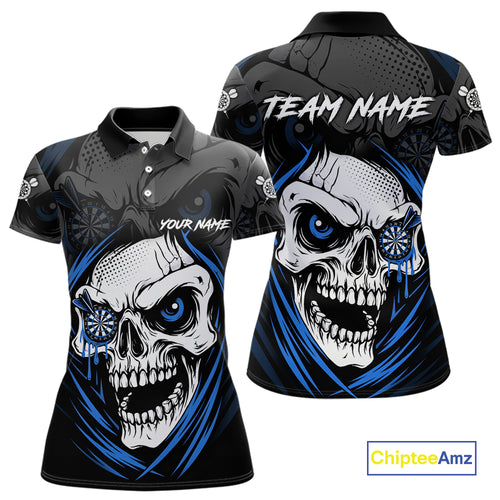Personalized Funny Skull Darts Shirts For Women Custom Darts Jersey Team Polo & Quarter Zip |Blue TDM5296