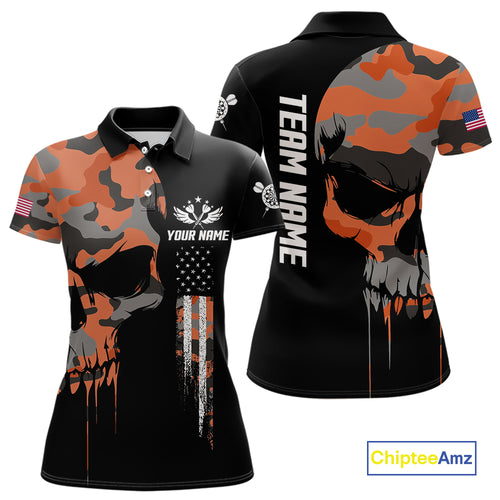 Orange Camouflage Skull Darts Shirt For Women Custom Patriotic US Flag Darts Jersey Polo & 1/4 Zip TDM5298