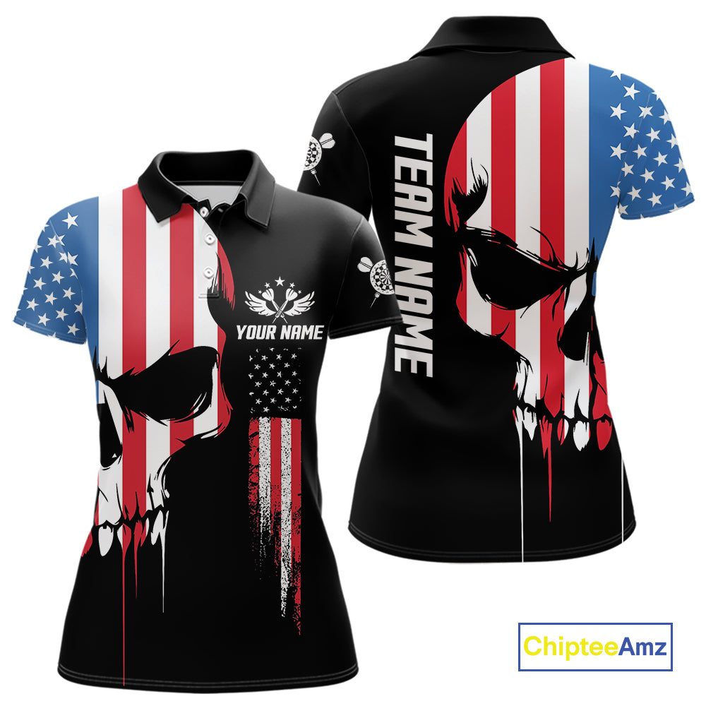 American Flag Skull Darts Shirt For Women Custom Patriotic Darts Jersey Team Polo & 1/4 Zip TDM5299