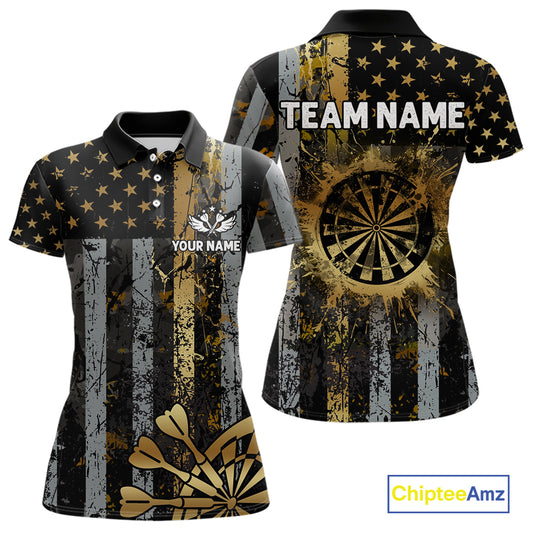 Custom Golden Grunge US Flag Patriotic Darts Shirt For Women, Retro Darts Team Jersey Polo & 1/4 Zip TDM6177