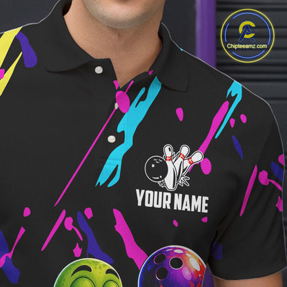 Black bowling polo shirt with colorful designs and a turtle graphic, featuring 'Your Name' text, on a dark background.