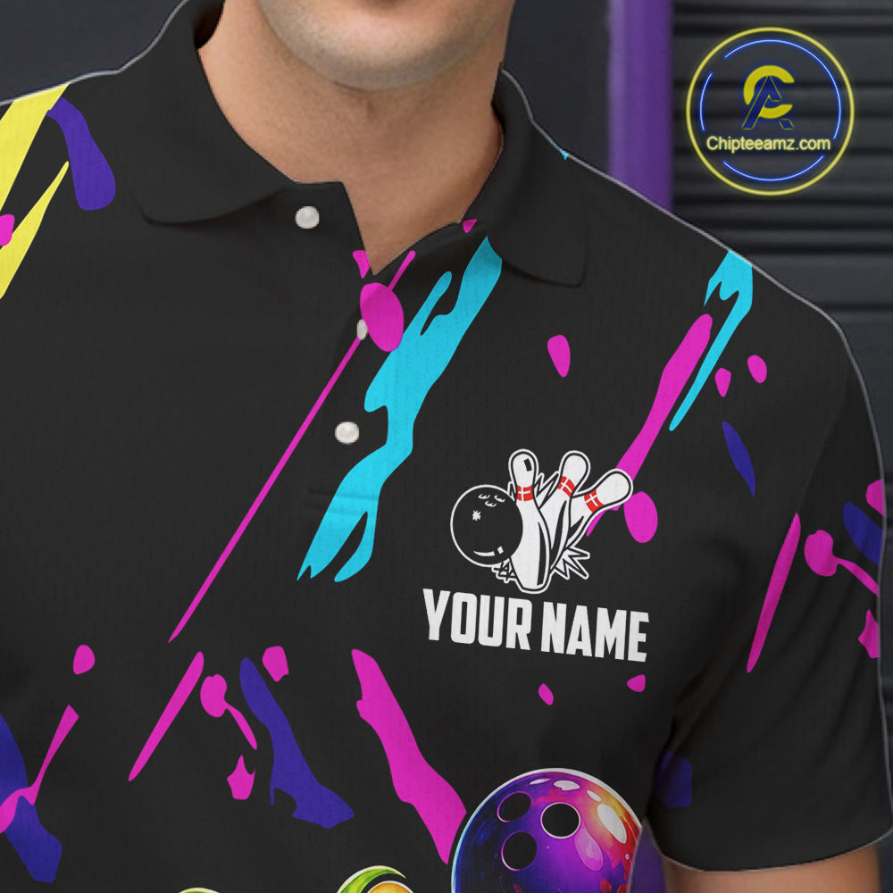 Black bowling polo shirt with colorful designs and a frog graphic, featuring 'Your Name' text, on a dark background.