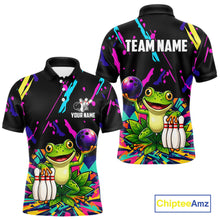 Load image into Gallery viewer, Colorful bowling polo shirt with frog design and customizable your name &amp; team name